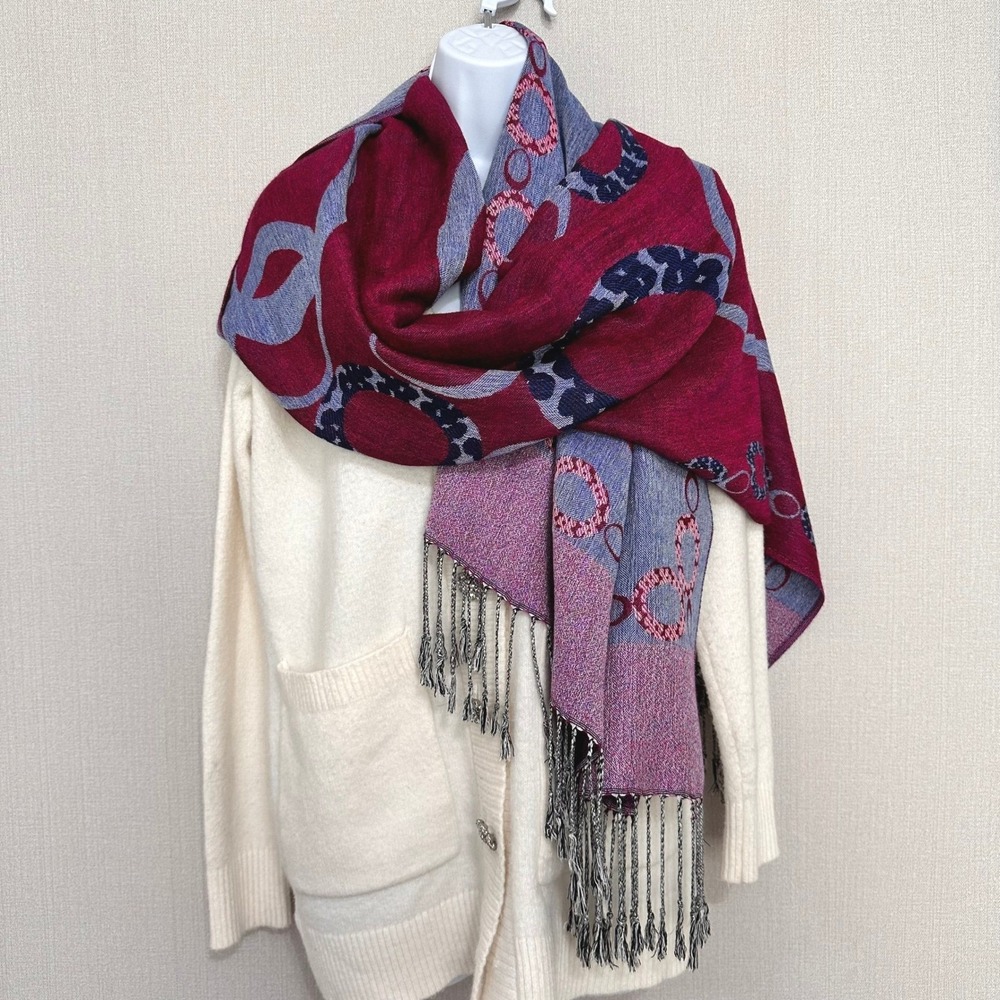 Pashmina Silk Blend Burgundy Blue Reversible Geometric Circle Fringe Shawl Wrap